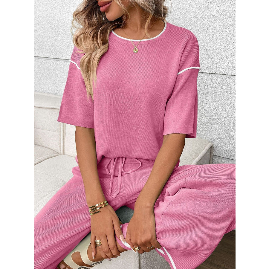 Round Neck Half Sleeve Top and Pants Set Fuchsia Pink / S Apparel and Accessories