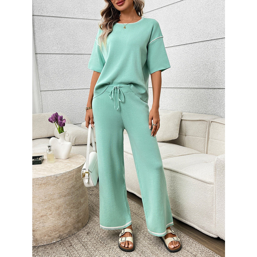 Round Neck Half Sleeve Top and Pants Set Light Green / S Apparel and Accessories