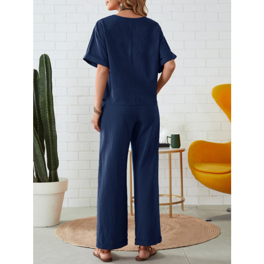 Round Neck Half Sleeve Top and Pocketed Pants Set Dark Blue / S Apparel and Accessories