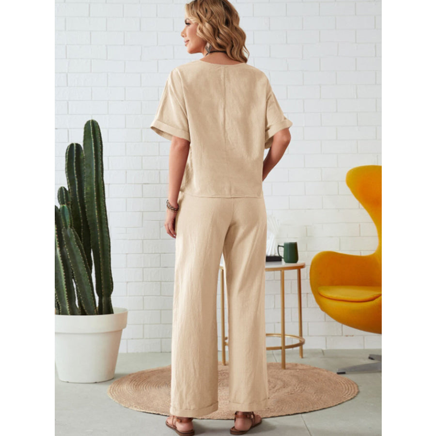 Round Neck Half Sleeve Top and Pocketed Pants Set Apparel and Accessories