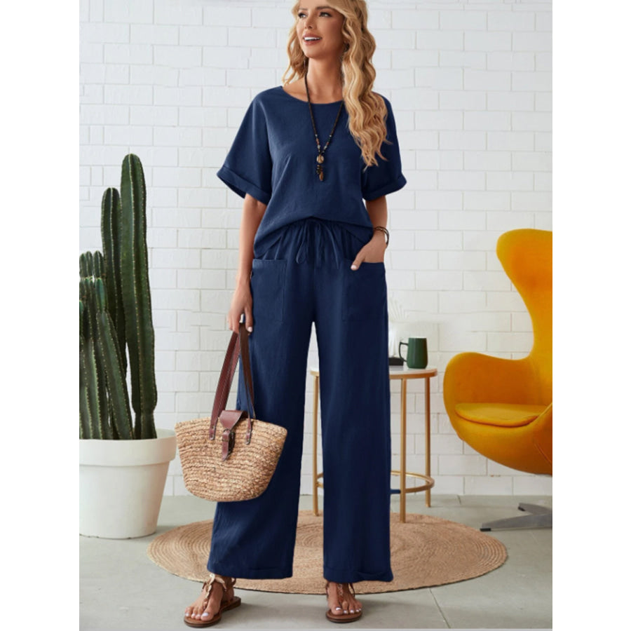 Round Neck Half Sleeve Top and Pocketed Pants Set Dark Blue / S Apparel and Accessories