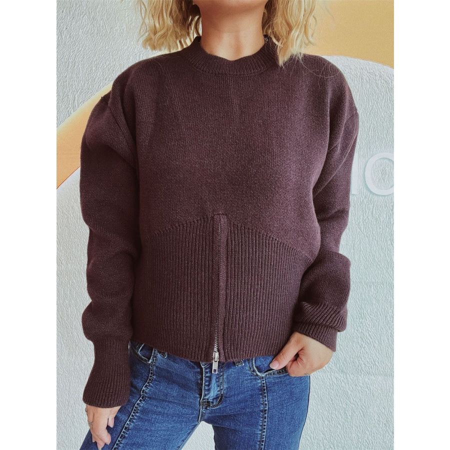 Round Neck Half Zip Long Sleeve Sweater Apparel and Accessories