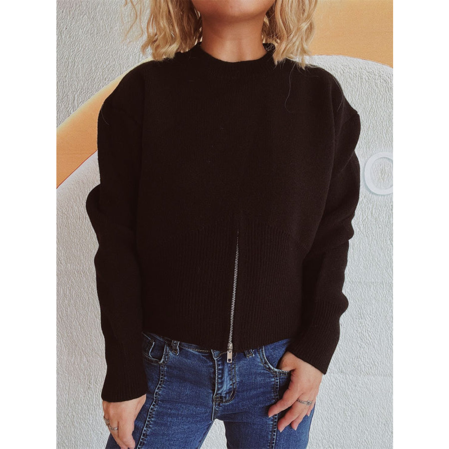 Round Neck Half Zip Long Sleeve Sweater Apparel and Accessories