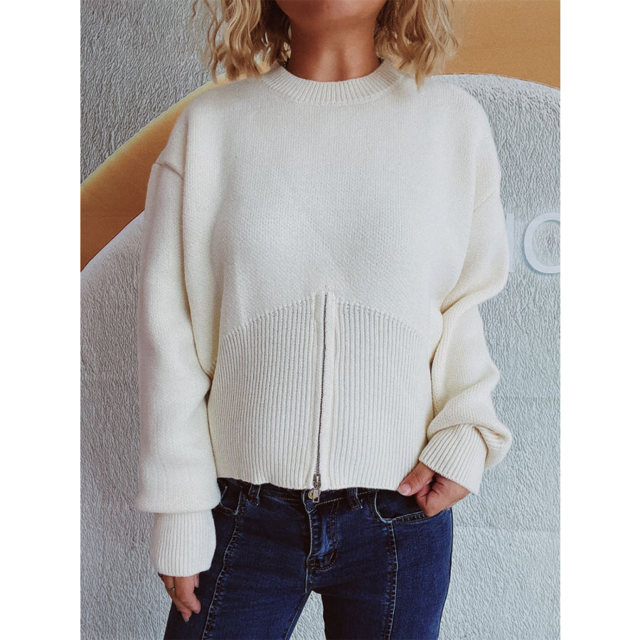 Round Neck Half Zip Long Sleeve Sweater Apparel and Accessories