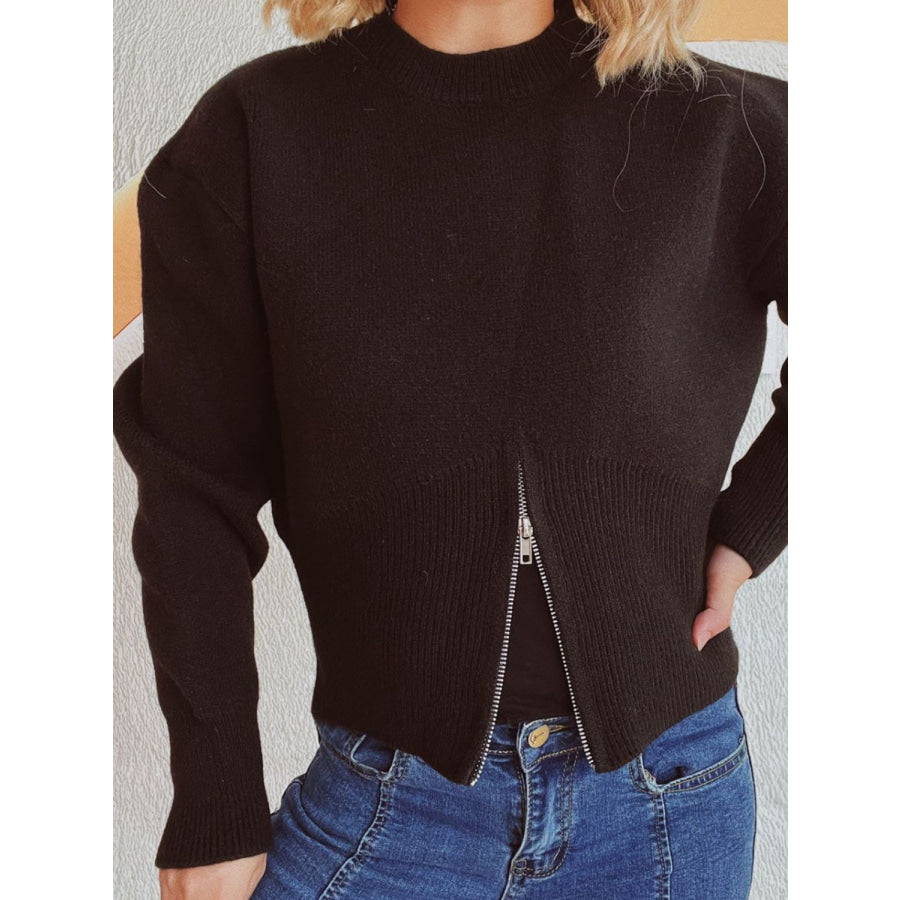 Round Neck Half Zip Long Sleeve Sweater Apparel and Accessories