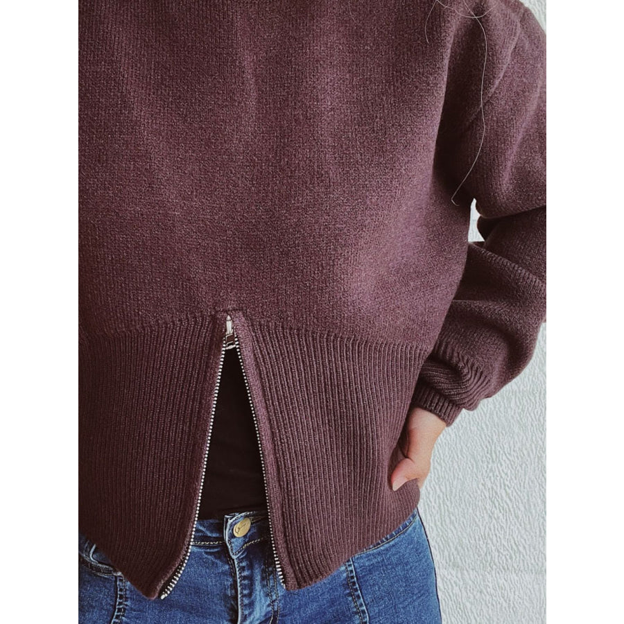 Round Neck Half Zip Long Sleeve Sweater Apparel and Accessories