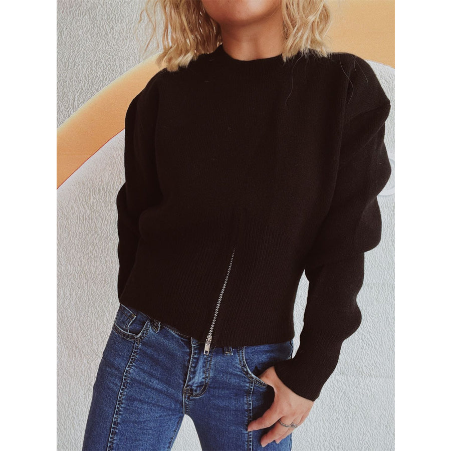 Round Neck Half Zip Long Sleeve Sweater Black / One Size Apparel and Accessories