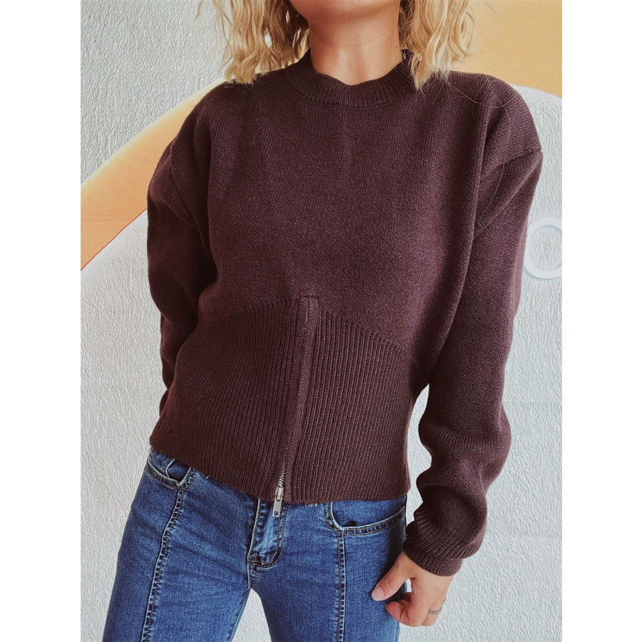 Round Neck Half Zip Long Sleeve Sweater Chocolate / One Size Apparel and Accessories