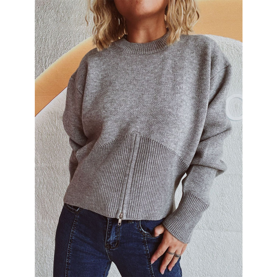 Round Neck Half Zip Long Sleeve Sweater Gray / One Size Apparel and Accessories