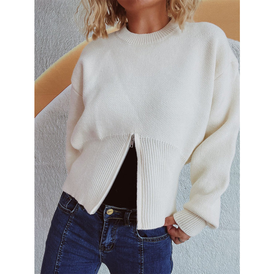 Round Neck Half Zip Long Sleeve Sweater White / One Size Apparel and Accessories