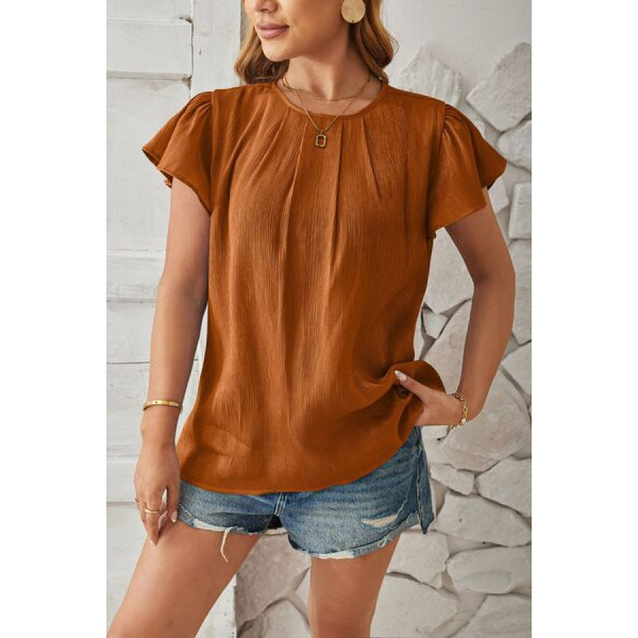 Round Neck Keyhole Cap Sleeve T - Shirt Apparel and Accessories
