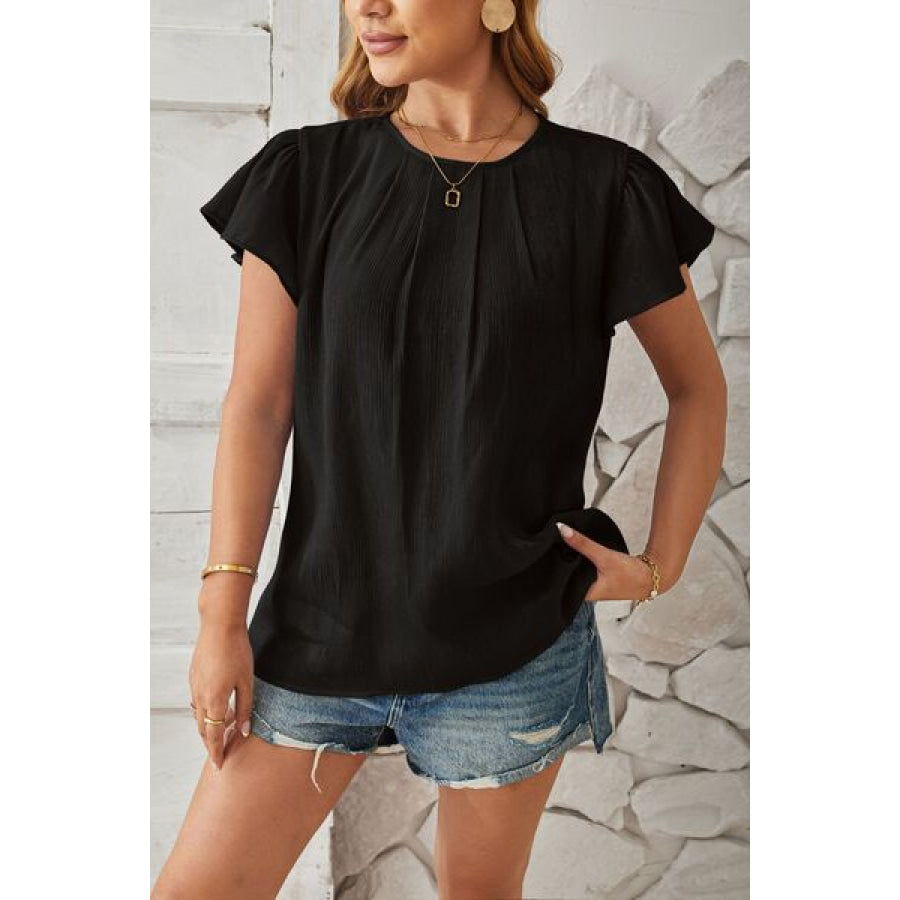 Round Neck Keyhole Cap Sleeve T - Shirt Apparel and Accessories