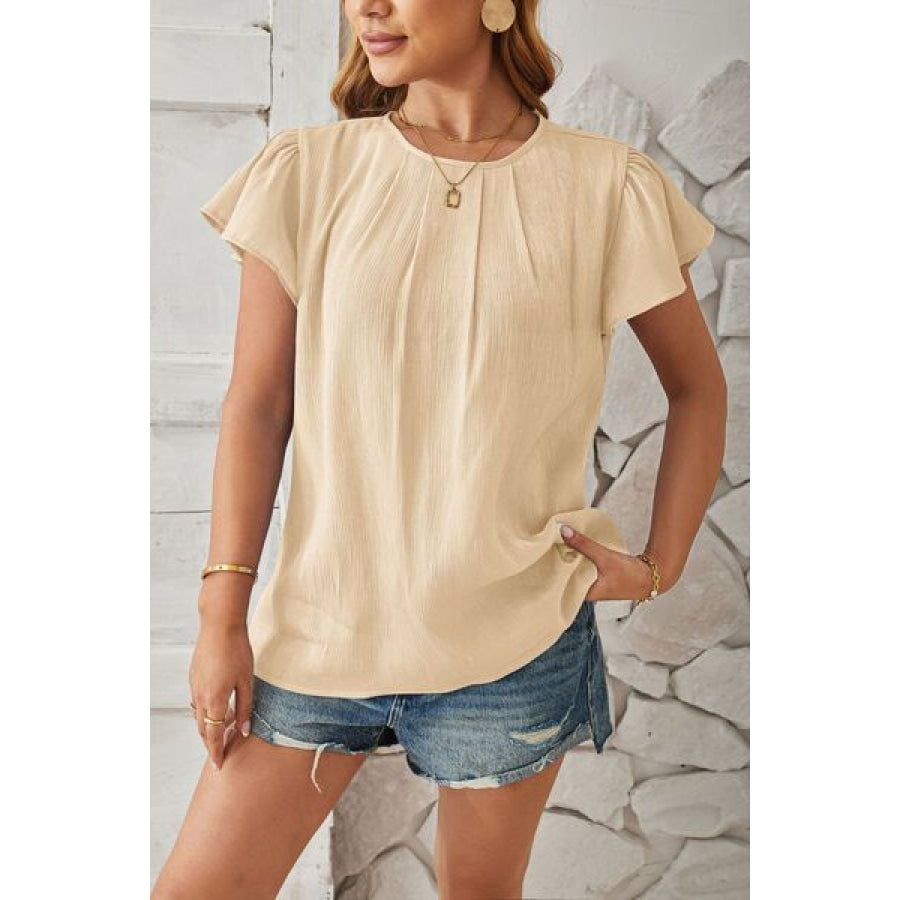 Round Neck Keyhole Cap Sleeve T - Shirt Apparel and Accessories