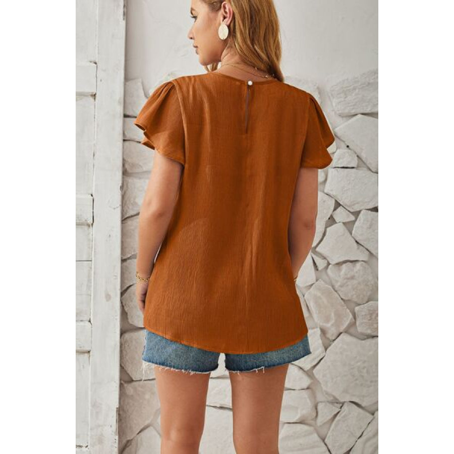 Round Neck Keyhole Cap Sleeve T - Shirt Apparel and Accessories