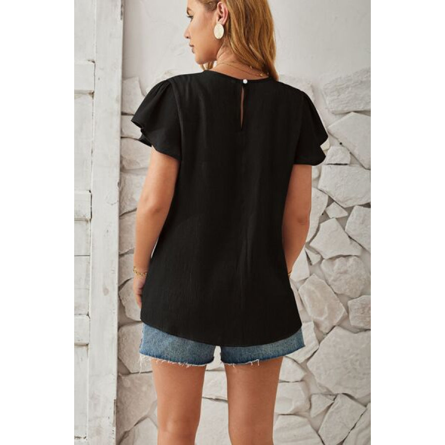 Round Neck Keyhole Cap Sleeve T - Shirt Apparel and Accessories