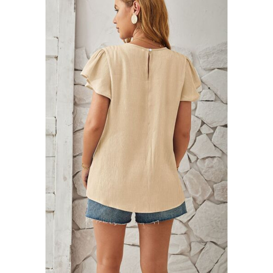 Round Neck Keyhole Cap Sleeve T - Shirt Apparel and Accessories
