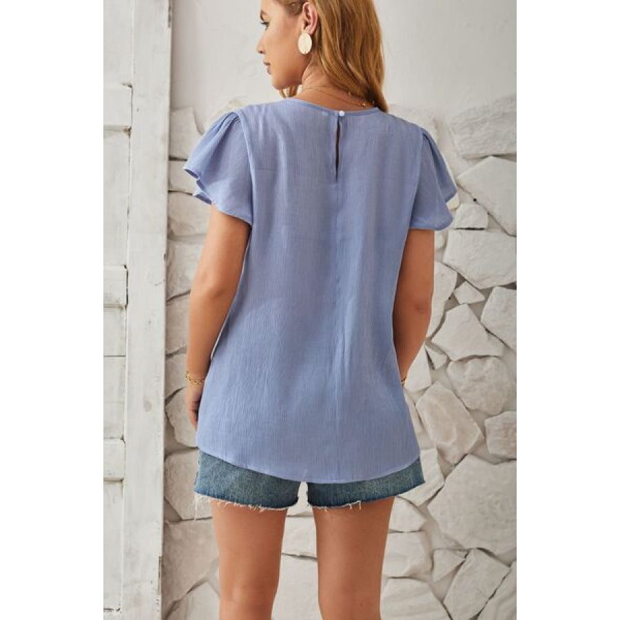 Round Neck Keyhole Cap Sleeve T - Shirt Apparel and Accessories