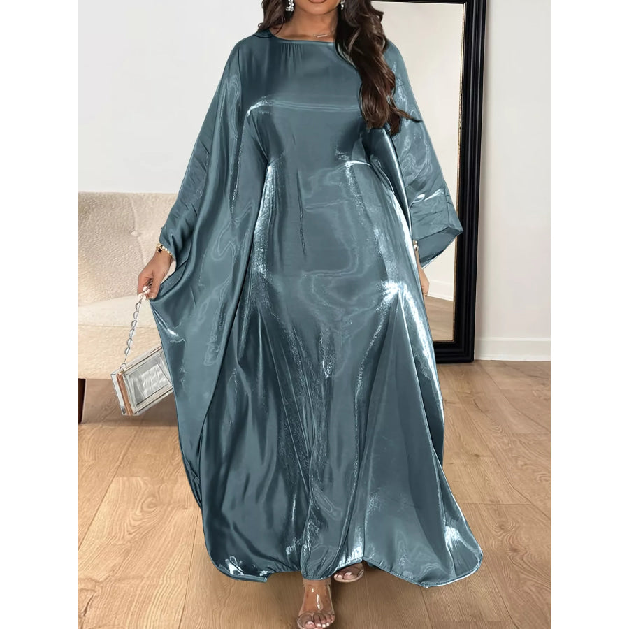 Round Neck Kimono Sleeve Maxi Dress Deep Teal / One Size Apparel and Accessories