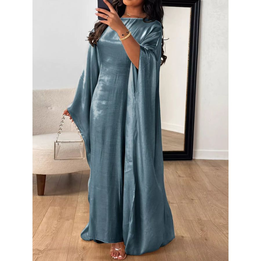 Round Neck Kimono Sleeve Maxi Dress Deep Teal / One Size Apparel and Accessories