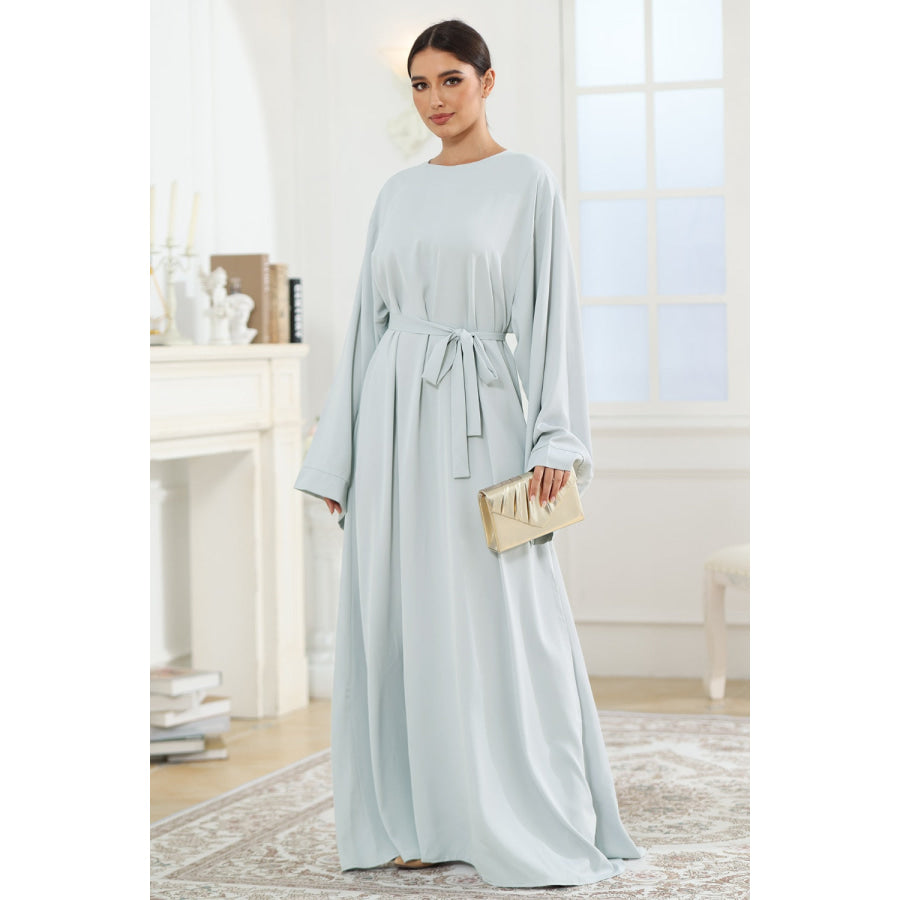 Round Neck Kimono Sleeve Tie Waist Dress Apparel and Accessories