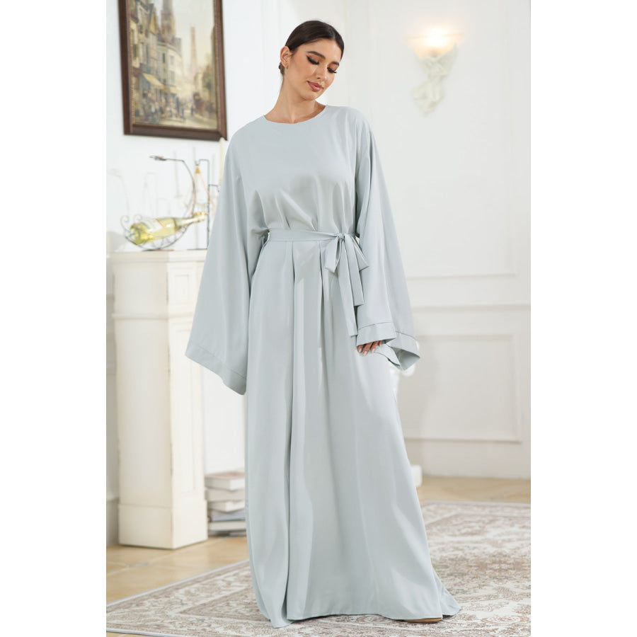 Round Neck Kimono Sleeve Tie Waist Dress Apparel and Accessories