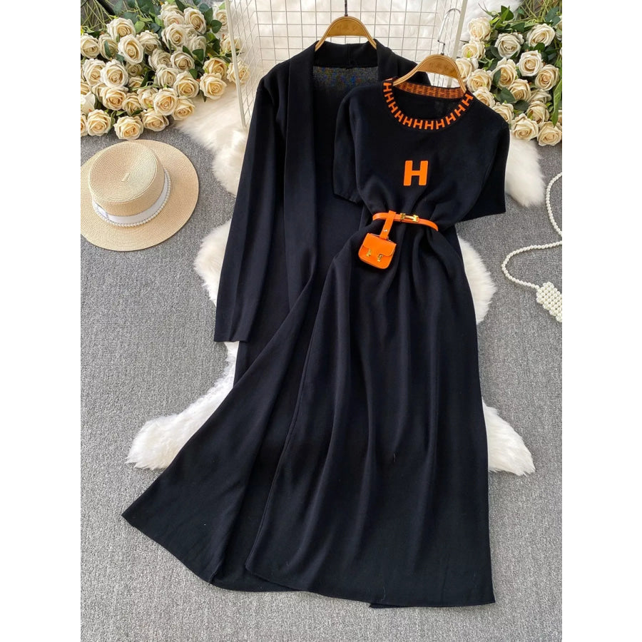 Round Neck Knitted Dress & Cardigan Set Black / One Size Apparel and Accessories