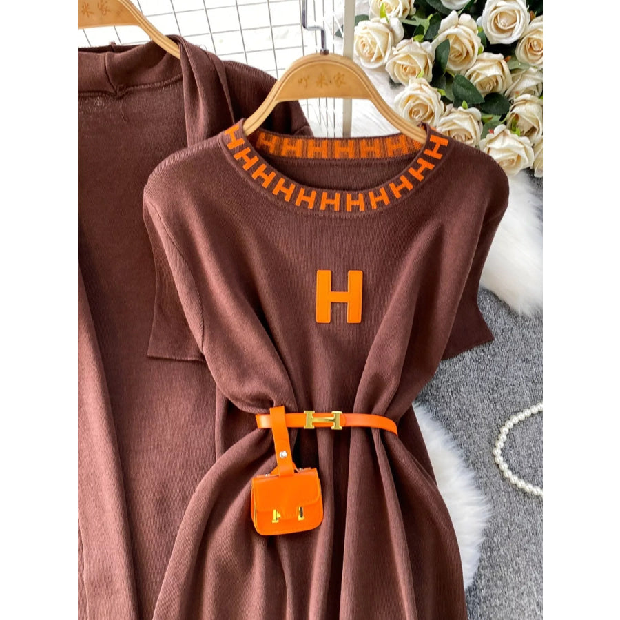 Round Neck Knitted Dress & Cardigan Set Brown / One Size Apparel and Accessories