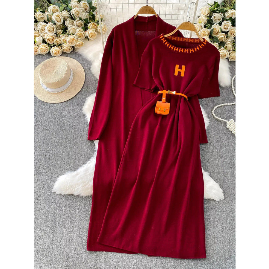 Round Neck Knitted Dress & Cardigan Set Burgundy / One Size Apparel and Accessories