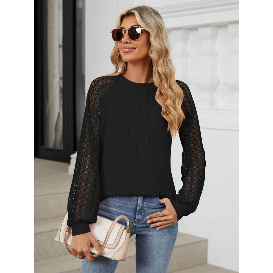 Round Neck Lace Long Sleeve Top Apparel and Accessories