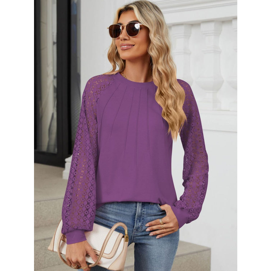 Round Neck Lace Long Sleeve Top Apparel and Accessories