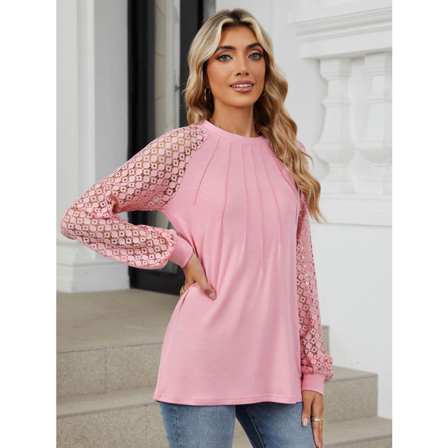 Round Neck Lace Long Sleeve Top Apparel and Accessories