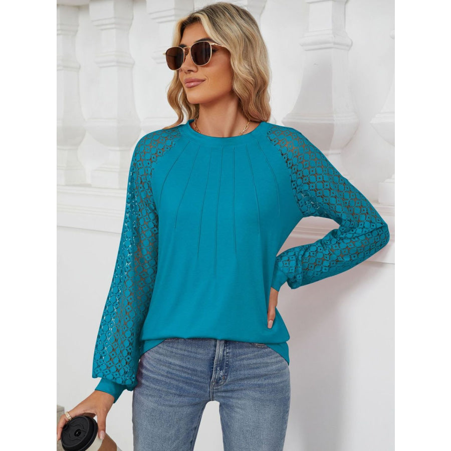 Round Neck Lace Long Sleeve Top Apparel and Accessories