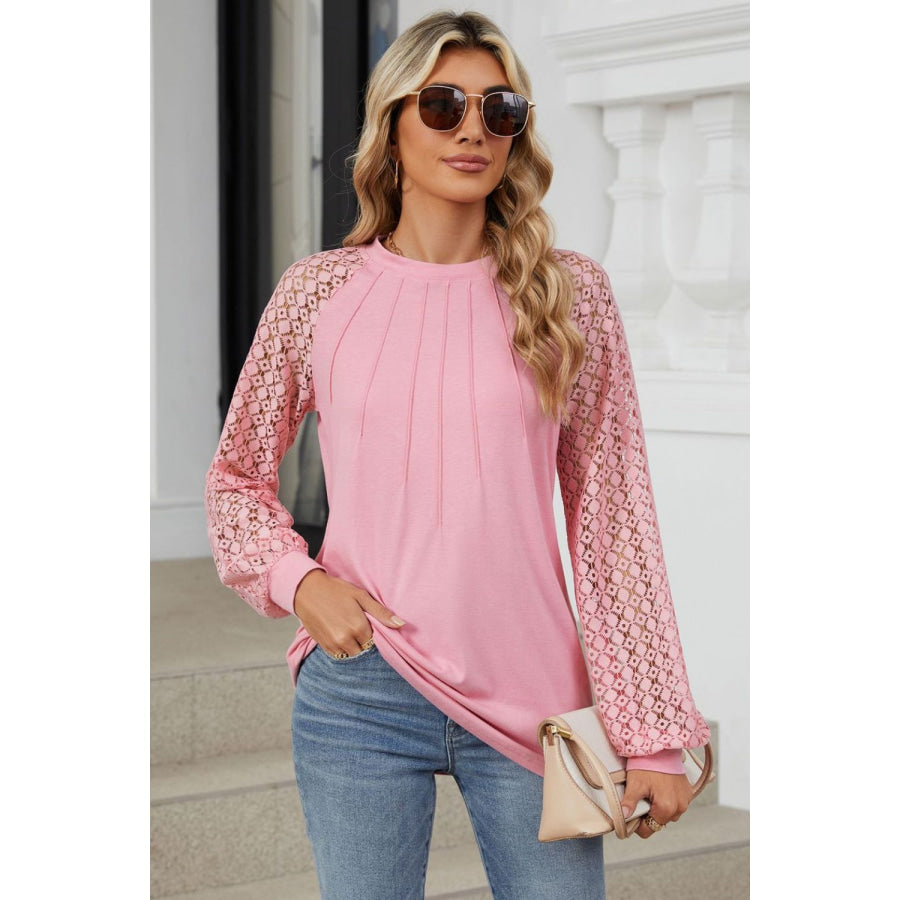 Round Neck Lace Long Sleeve Top Apparel and Accessories