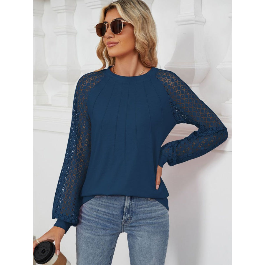 Round Neck Lace Long Sleeve Top Apparel and Accessories
