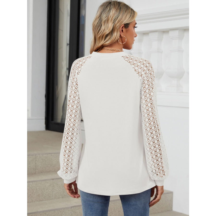 Round Neck Lace Long Sleeve Top White / S Apparel and Accessories
