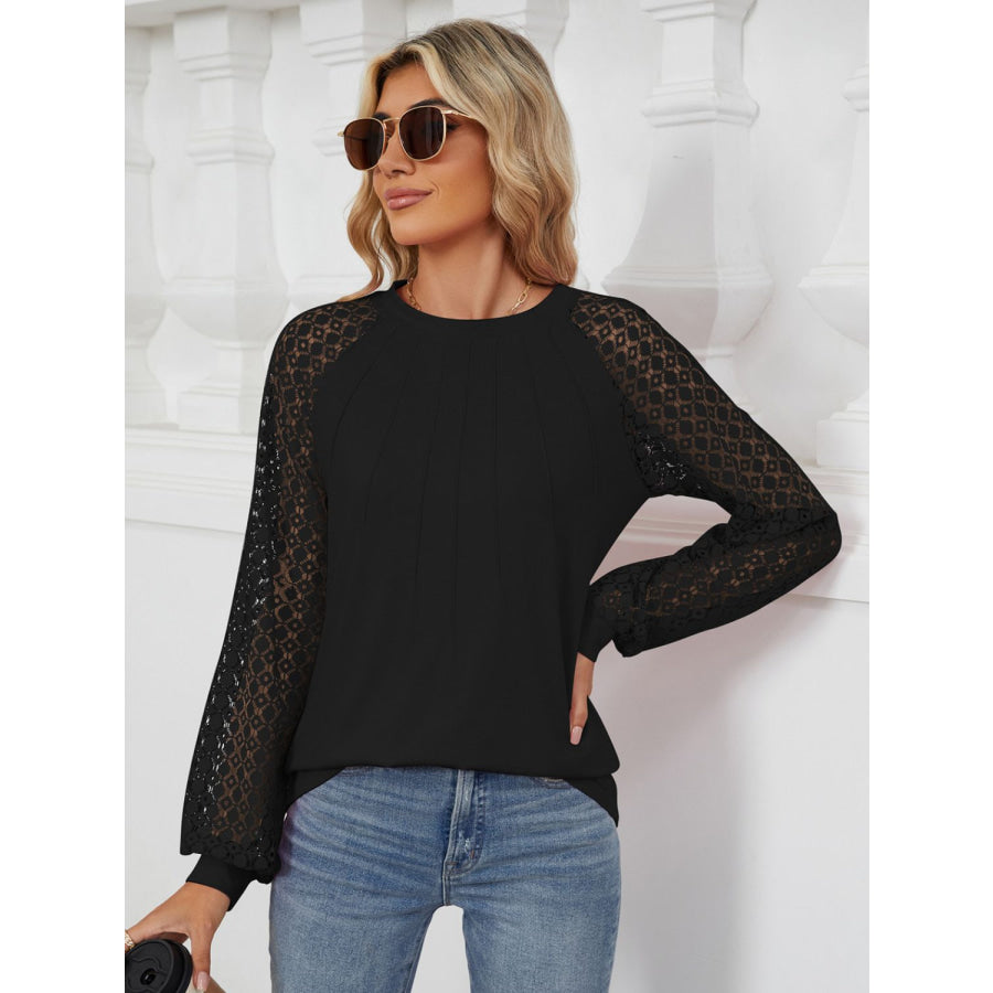 Round Neck Lace Long Sleeve Top Black / S Apparel and Accessories
