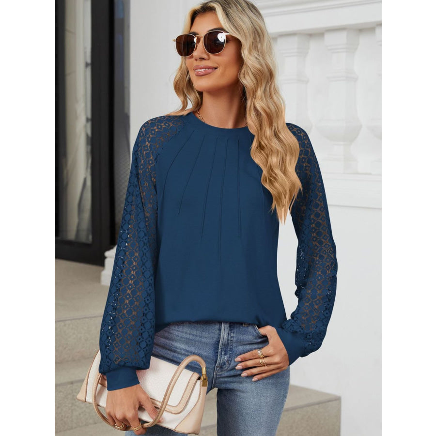 Round Neck Lace Long Sleeve Top Dark Navy / S Apparel and Accessories