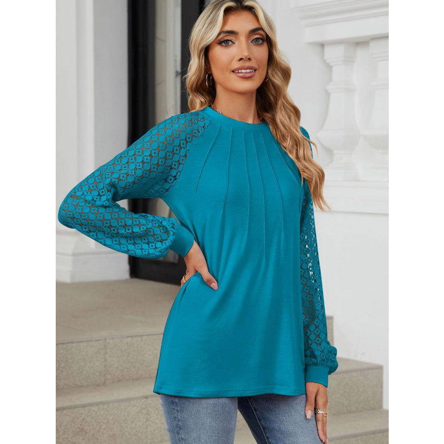 Round Neck Lace Long Sleeve Top Deep Teal / S Apparel and Accessories