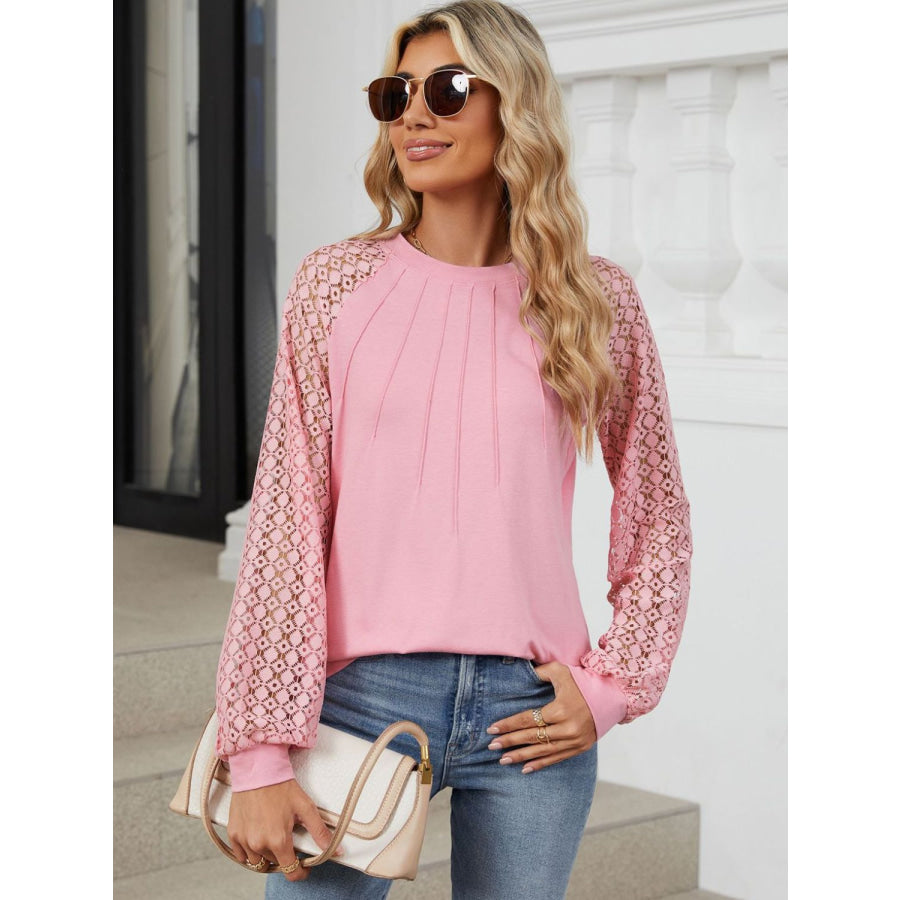 Round Neck Lace Long Sleeve Top Dusty Pink / S Apparel and Accessories