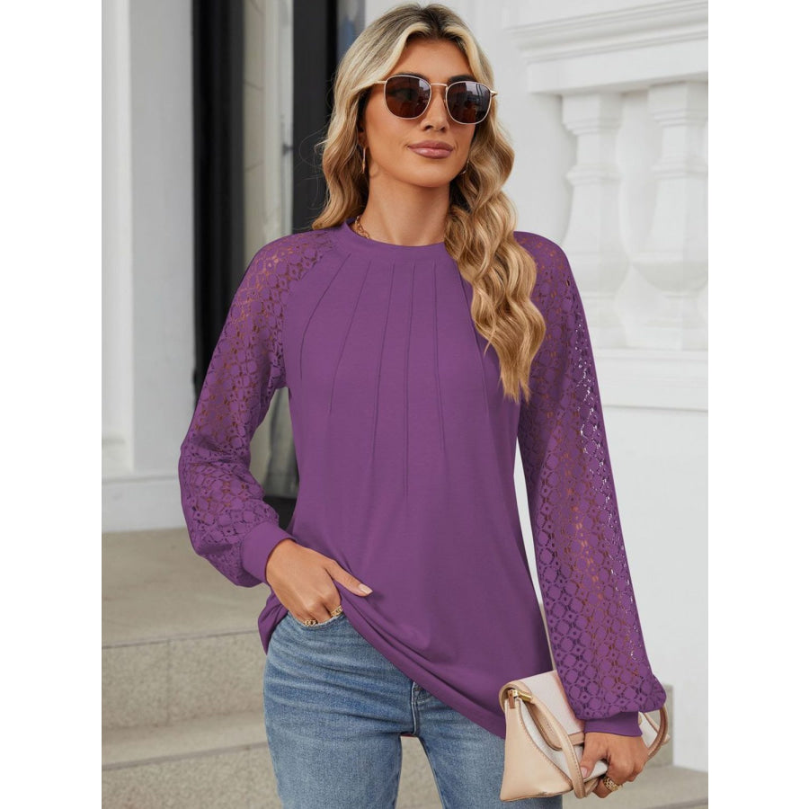 Round Neck Lace Long Sleeve Top Mauve / S Apparel and Accessories
