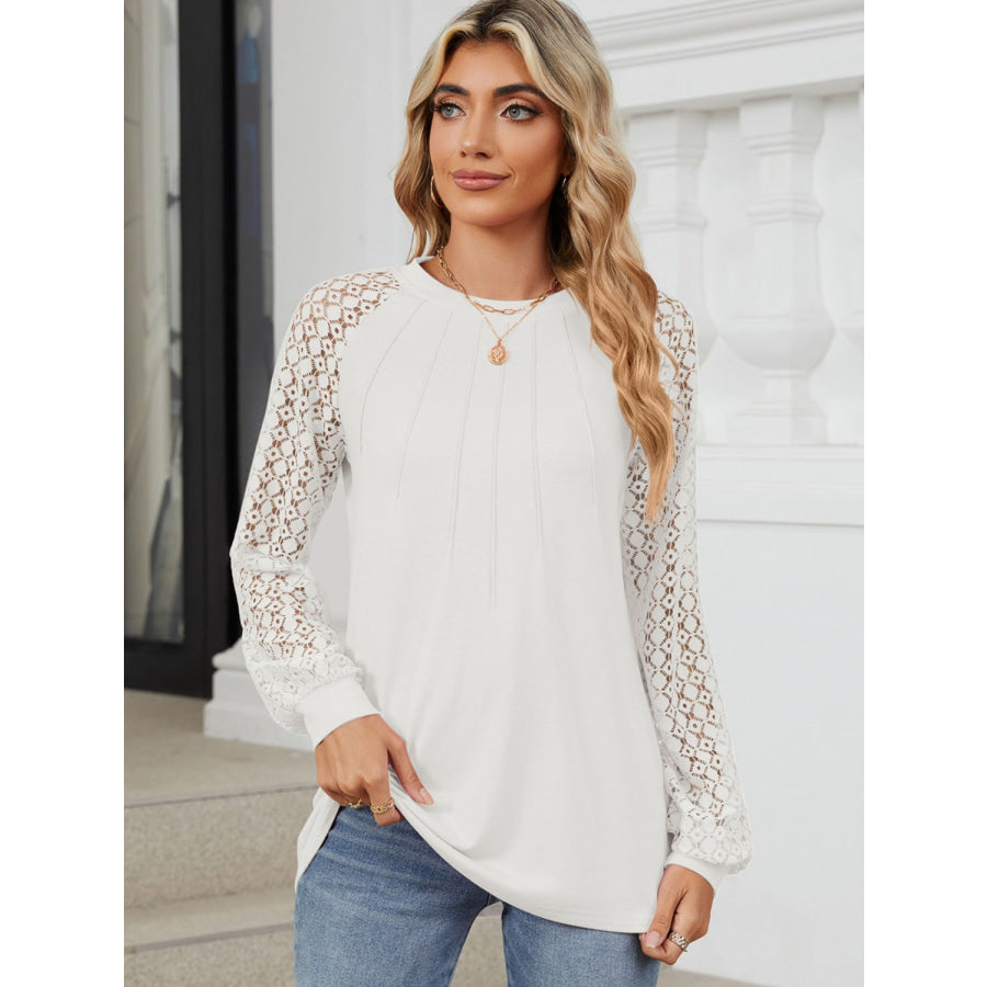 Round Neck Lace Long Sleeve Top White / S Apparel and Accessories