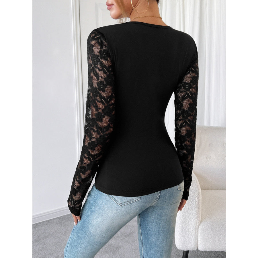 Round Neck Lace Patchwork Long Sleeve Top Apparel and Accessories