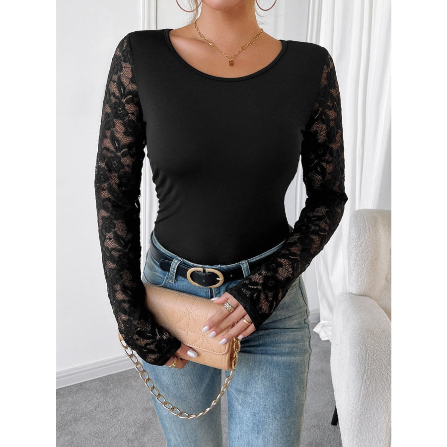 Round Neck Lace Patchwork Long Sleeve Top Apparel and Accessories