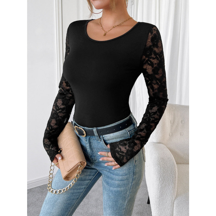 Round Neck Lace Patchwork Long Sleeve Top Apparel and Accessories