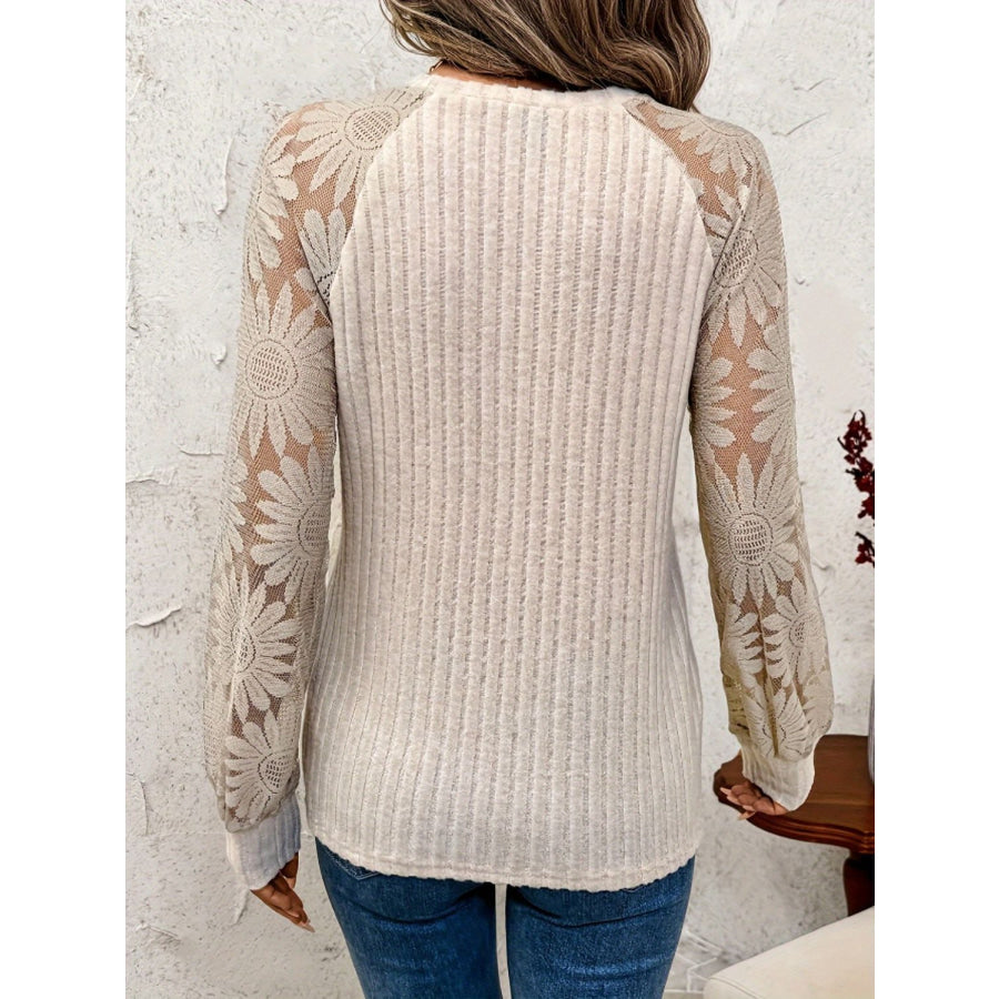 Round Neck Lace Patchwork Long Sleeve Top Apparel and Accessories