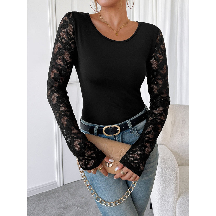 Round Neck Lace Patchwork Long Sleeve Top Apparel and Accessories