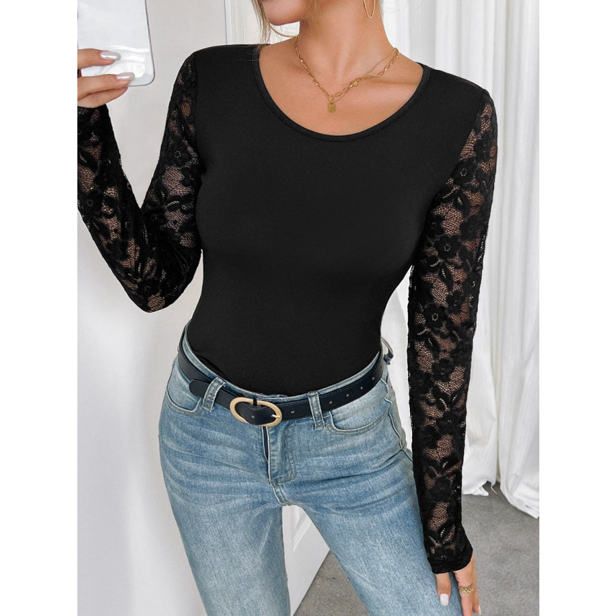 Round Neck Lace Patchwork Long Sleeve Top Black / S Apparel and Accessories