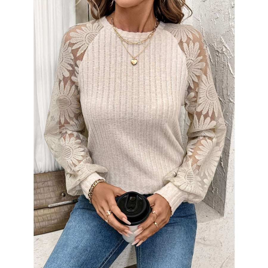 Round Neck Lace Patchwork Long Sleeve Top Dust Storm / S Apparel and Accessories