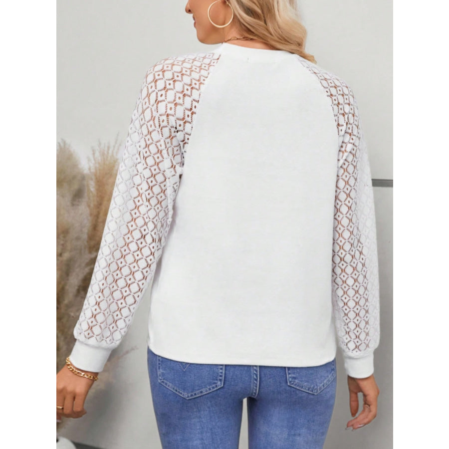 Round Neck Lace Raglan Sleeve Top White / S Apparel and Accessories