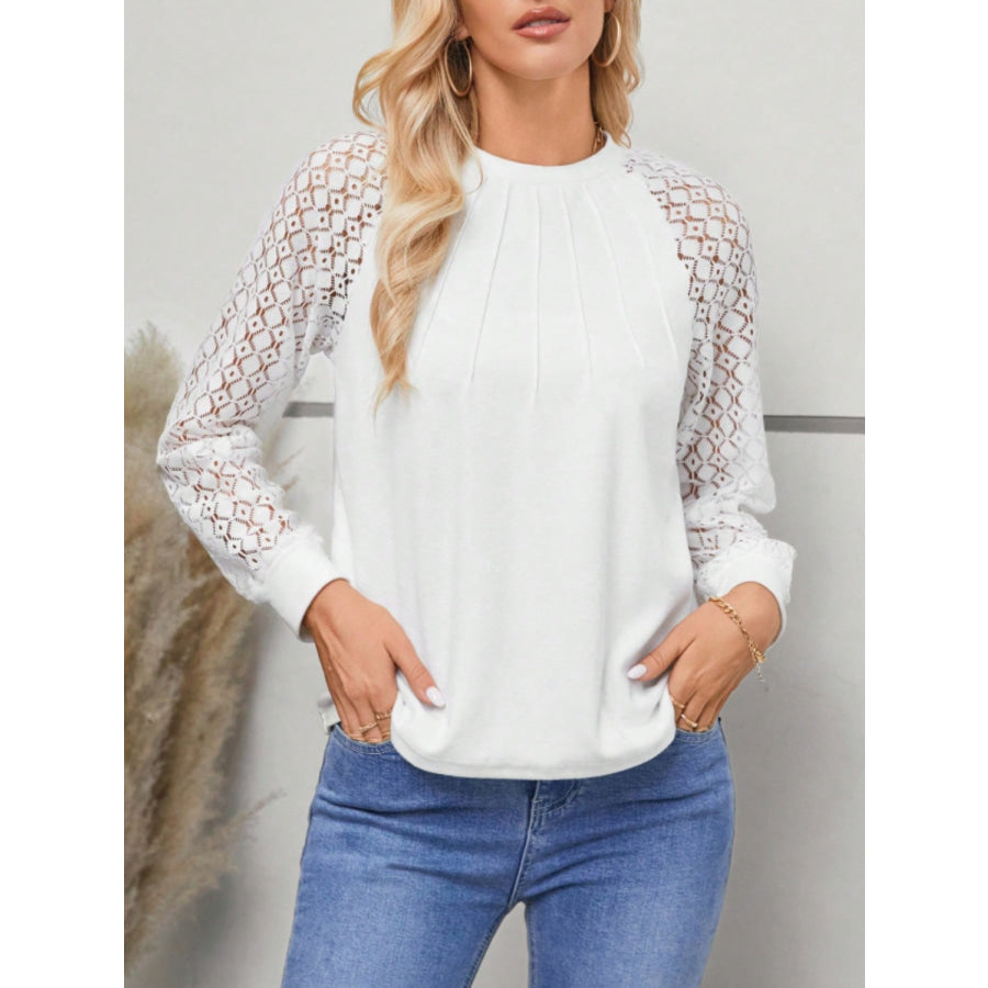 Round Neck Lace Raglan Sleeve Top White / S Apparel and Accessories